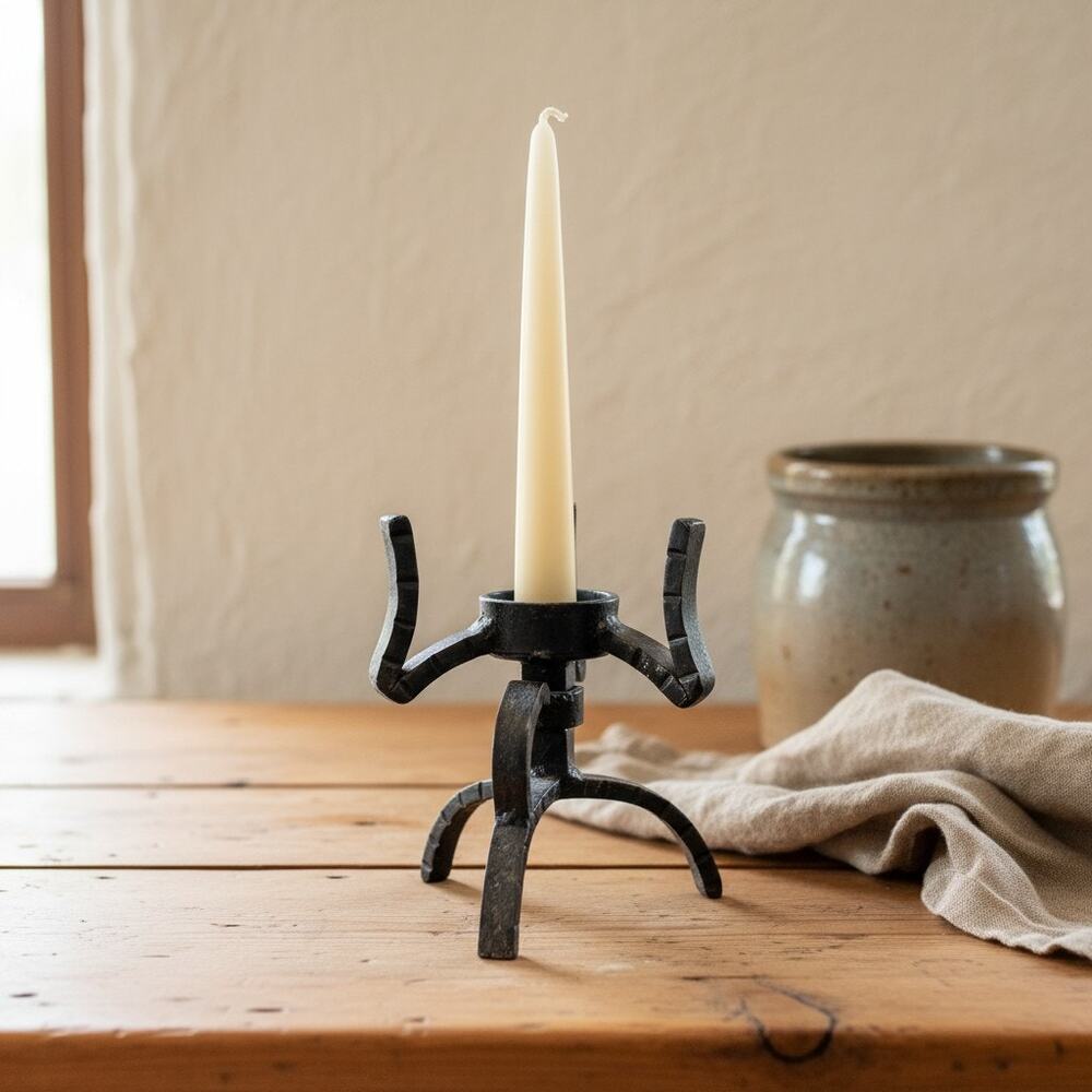 Vintage Brutalist Wrought Iron Candlestick Holder-Hand Forged-Tripod-MCM-Gothic